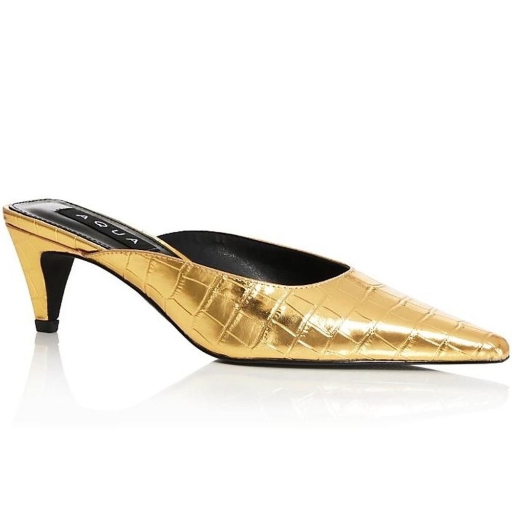 AQUA Terry Gold Croco Mules Kitten Heel Pointed‎ Toe Metallic Shoes size 7.5